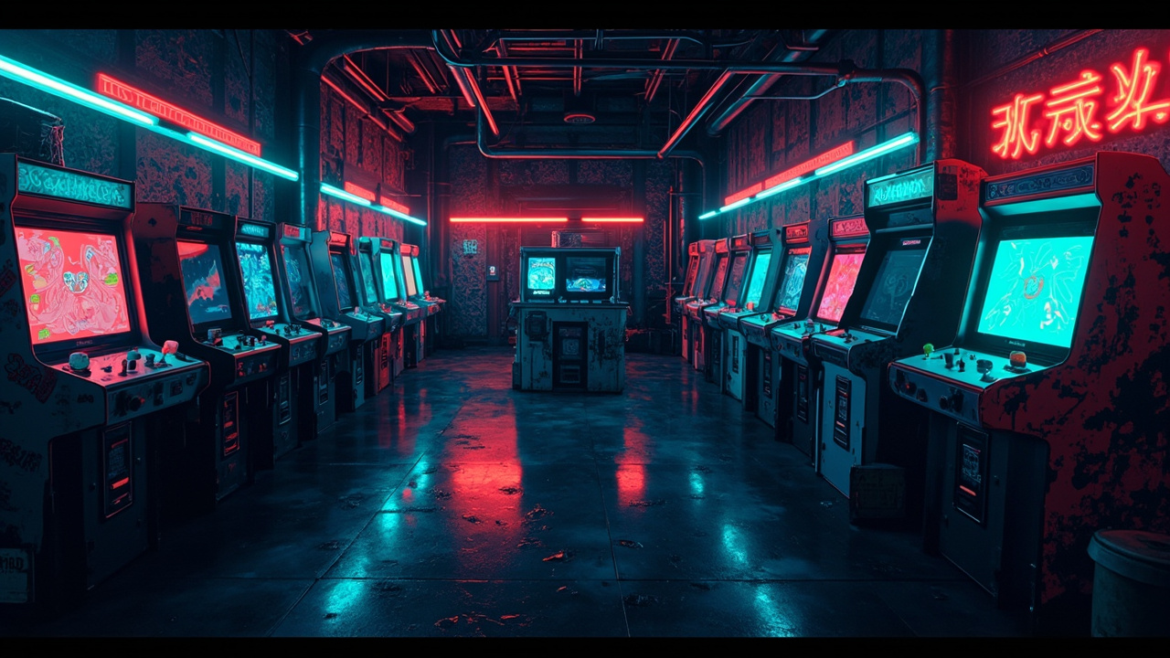 Illustration of a neon-lit retro arcade interior