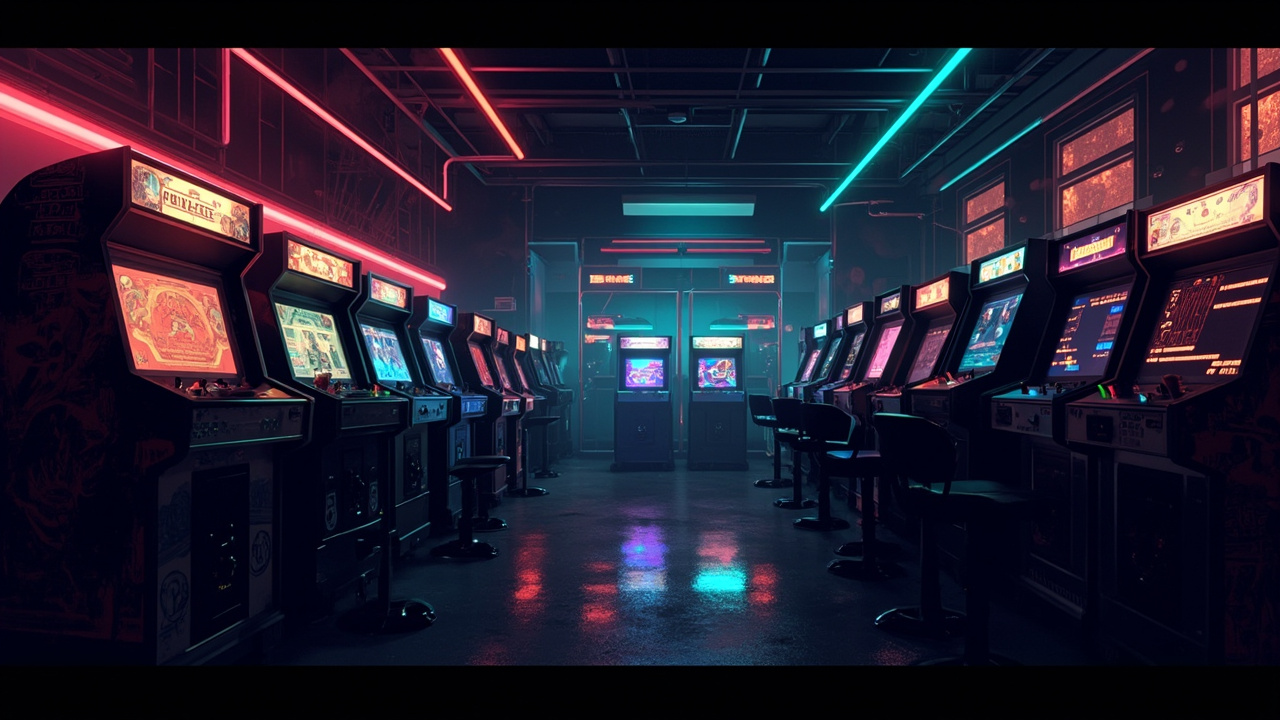 Illustration of a neon-lit retro arcade interior