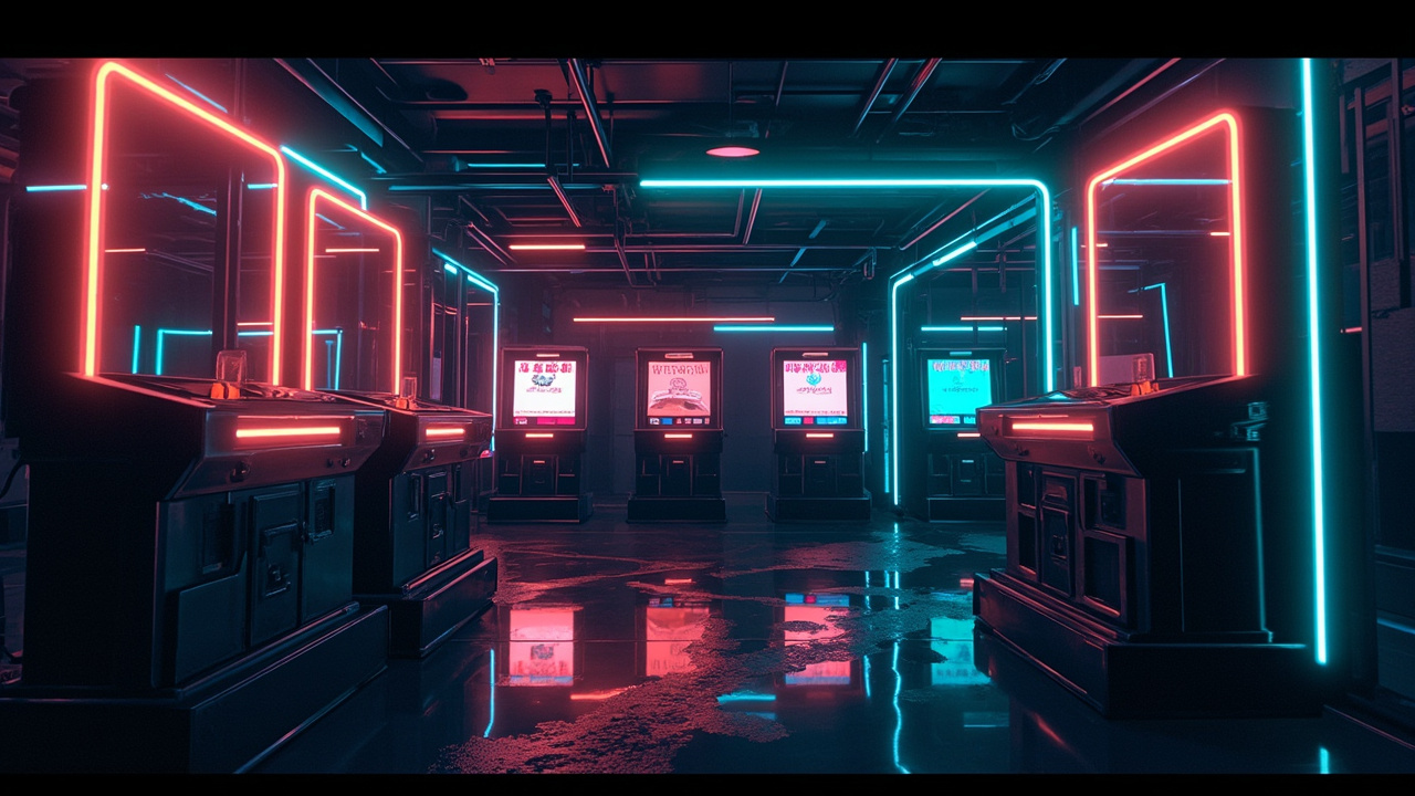 Illustration of a neon-lit retro arcade interior