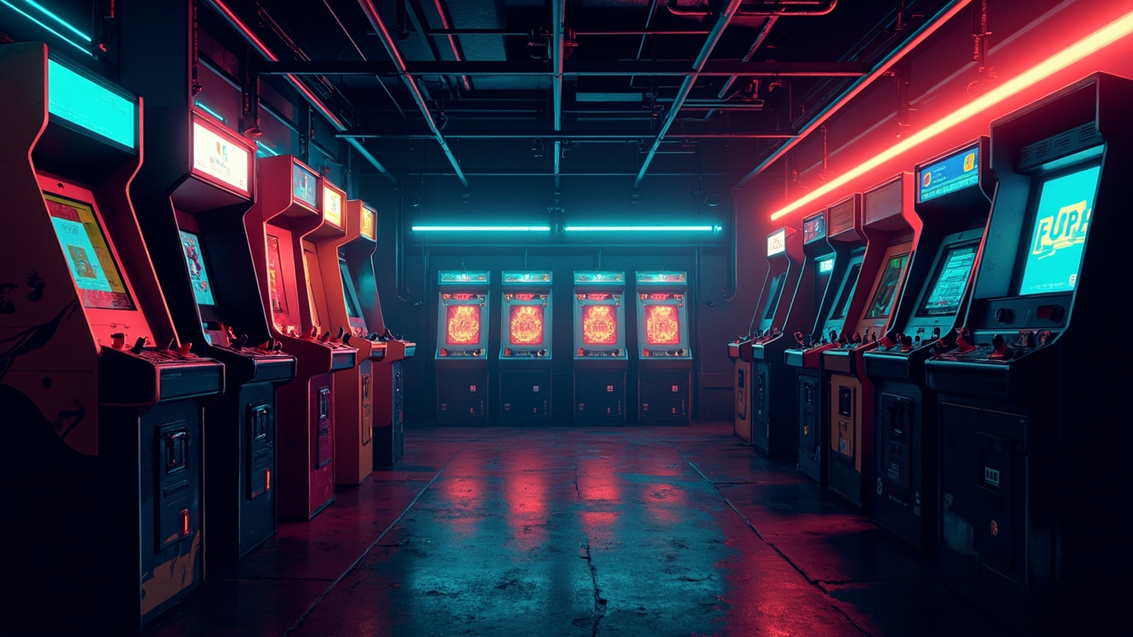Illustration of a neon-lit retro arcade interior