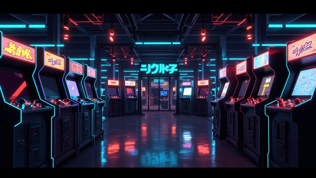 Illustration of a neon-lit retro arcade interior