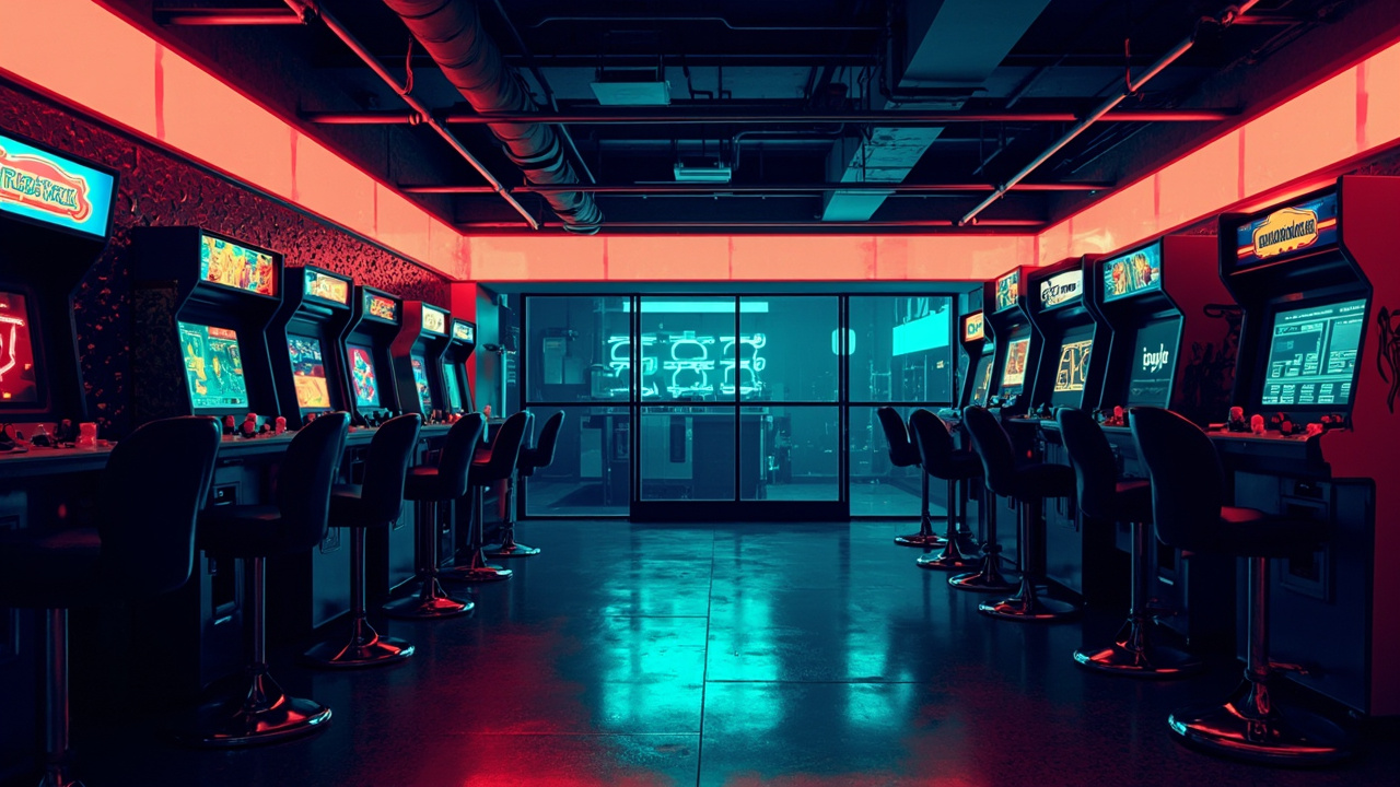 Illustration of a neon-lit retro arcade interior