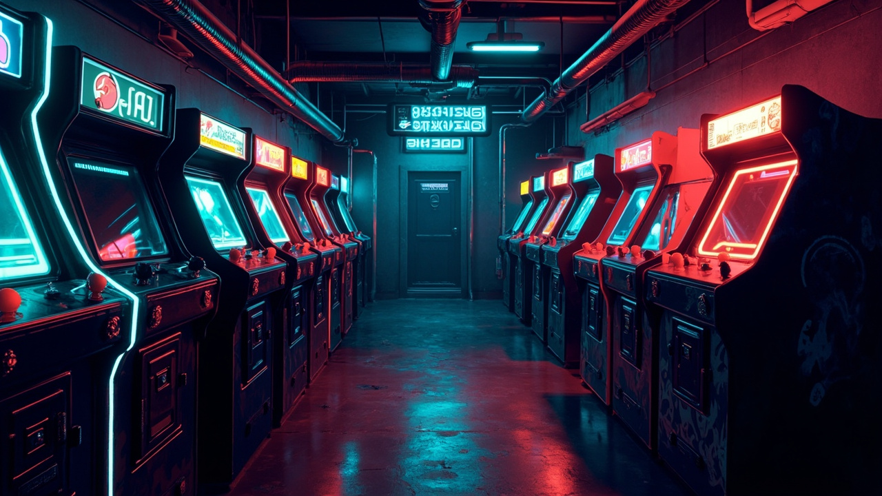 Illustration of a neon-lit retro arcade interior