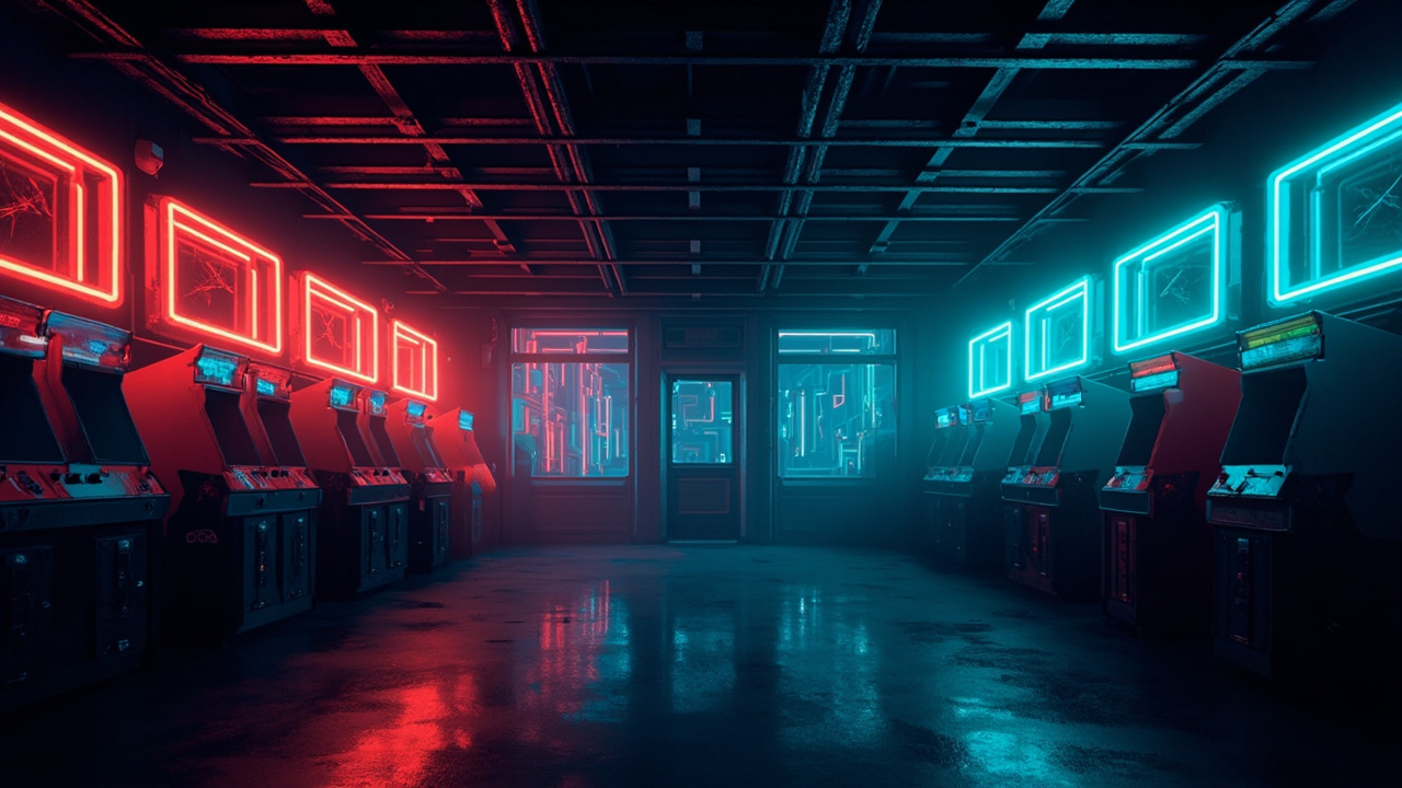 Illustration of a neon-lit retro arcade interior