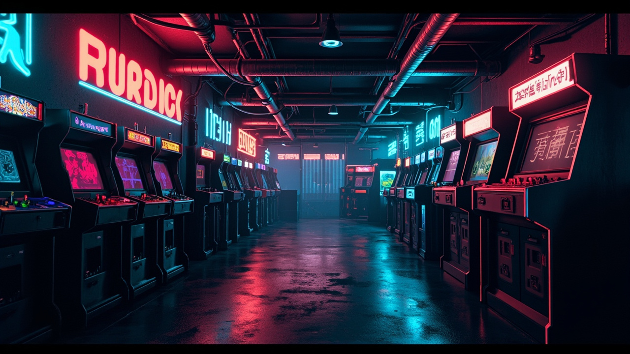 Illustration of a neon-lit retro arcade interior