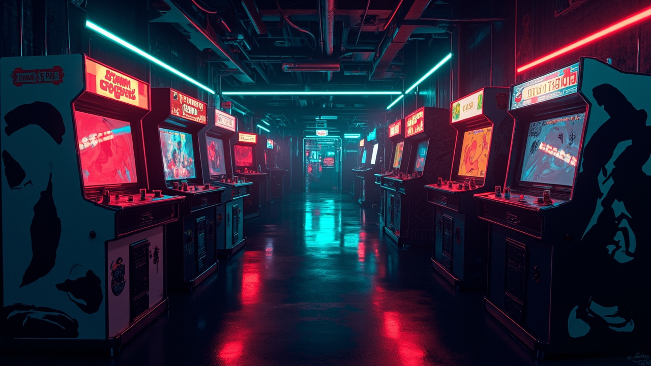 Illustration of a neon-lit retro arcade interior