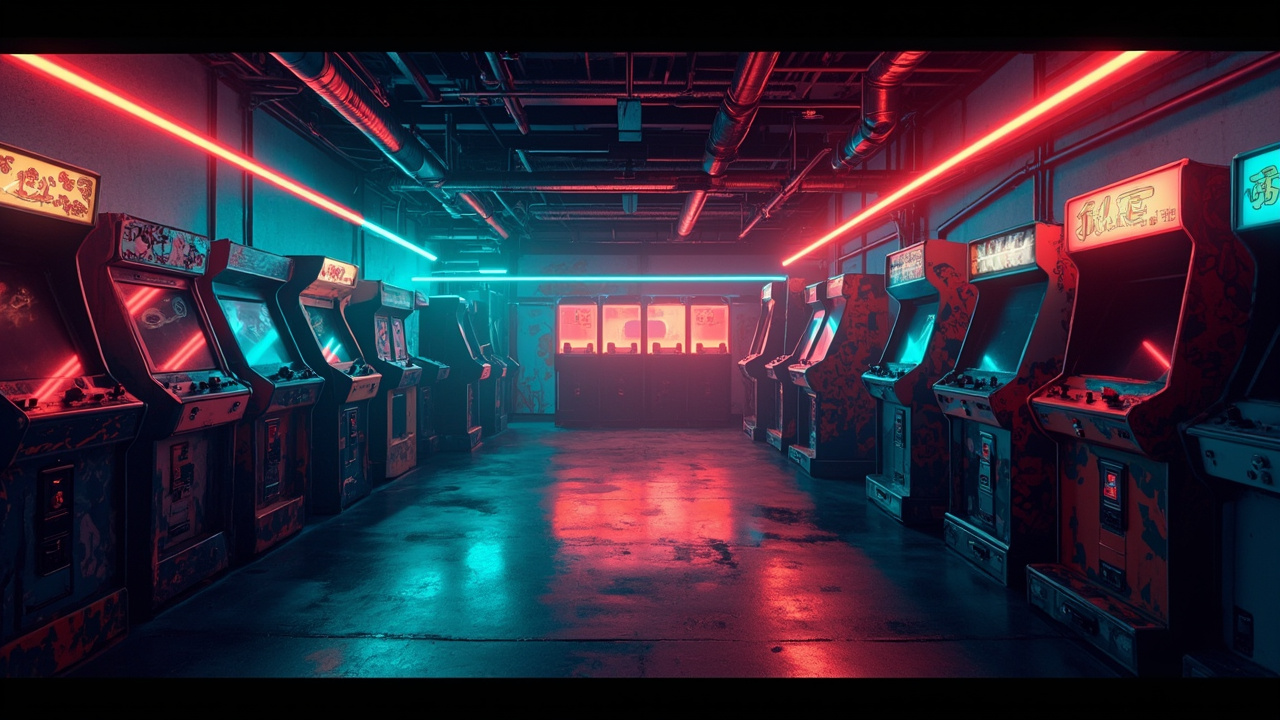 Illustration of a neon-lit retro arcade interior
