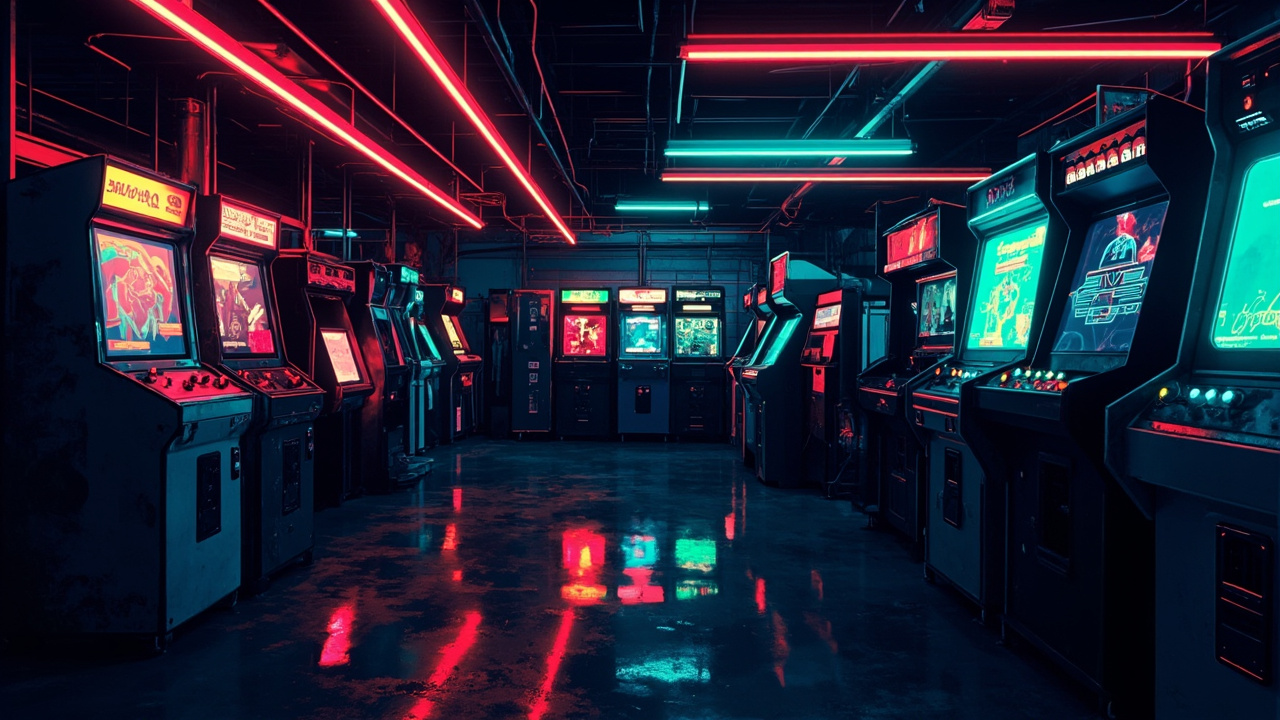 Illustration of a neon-lit retro arcade interior