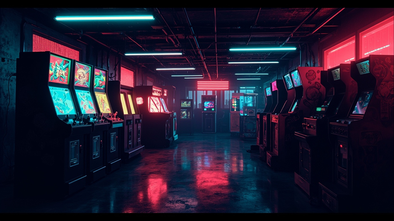 Illustration of a neon-lit retro arcade interior