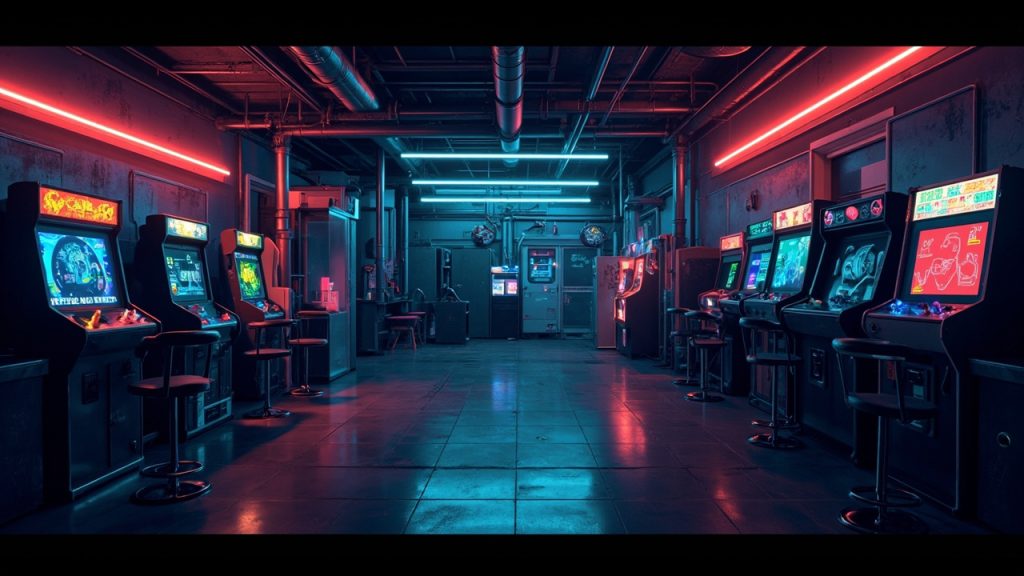 Illustration of a neon-lit retro arcade interior