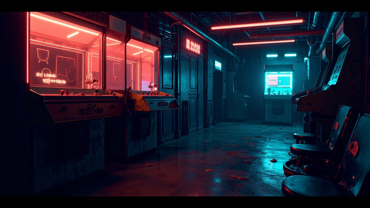 Illustration of a neon-lit retro arcade interior