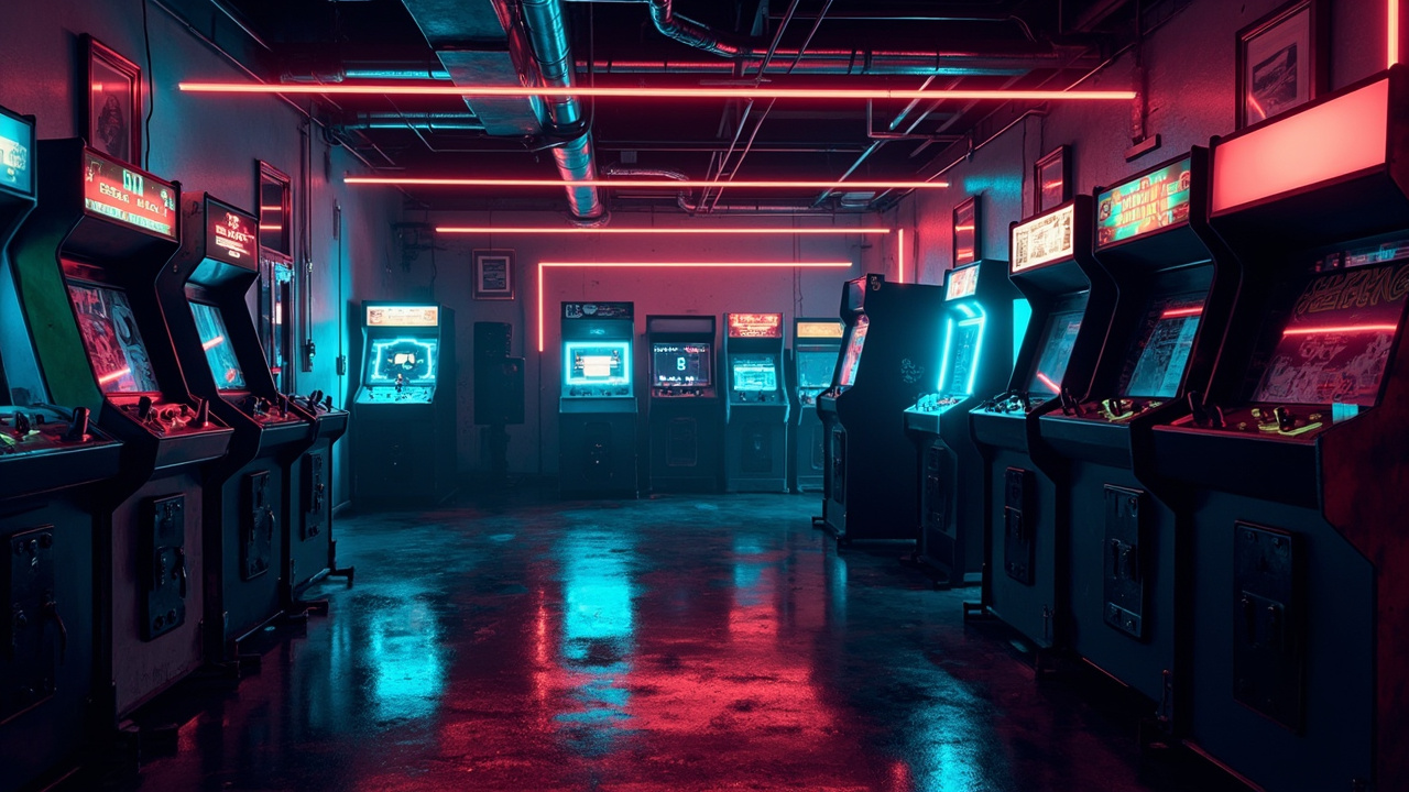 Illustration of a neon-lit retro arcade interior