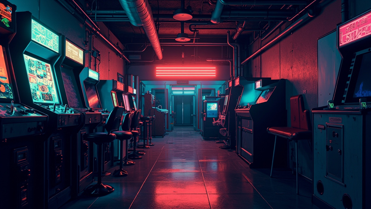 Illustration of a neon-lit retro arcade interior