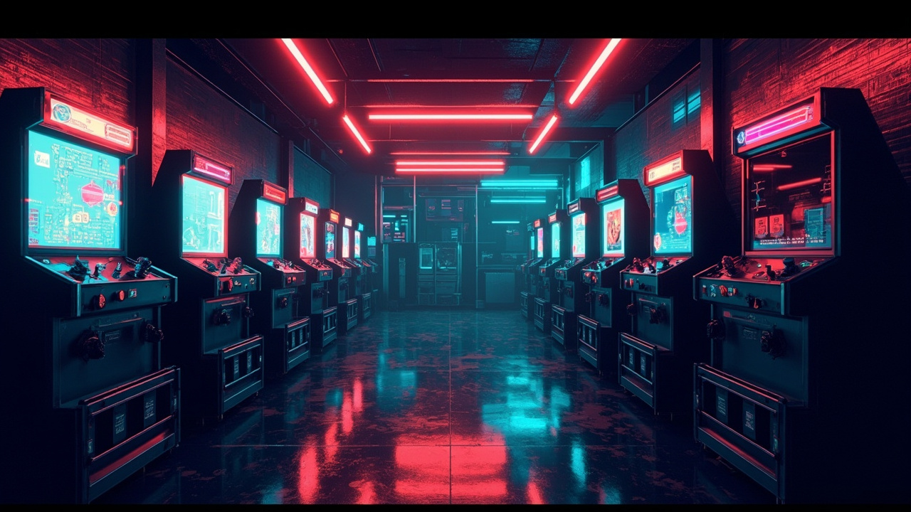 Illustration of a neon-lit retro arcade interior