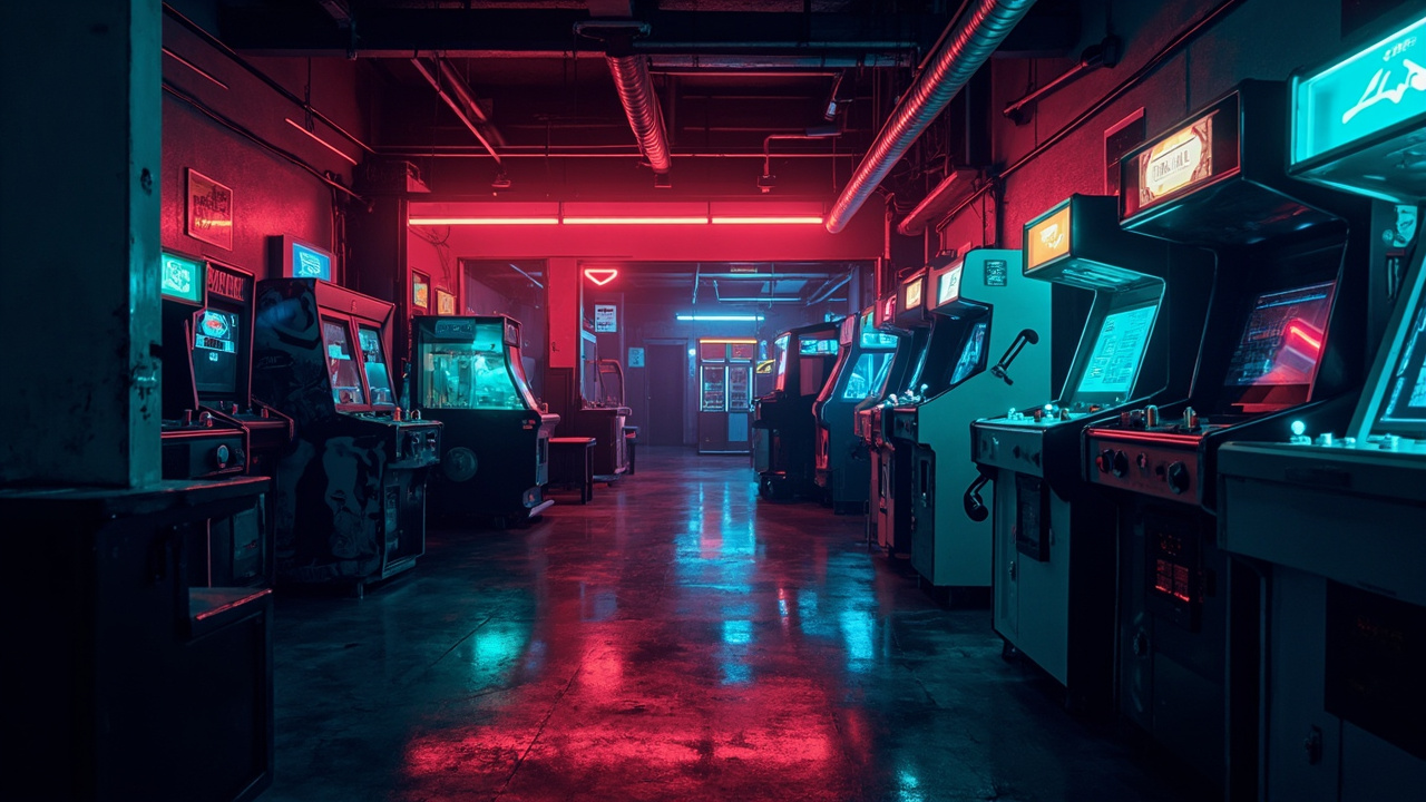 Illustration of a neon-lit retro arcade interior