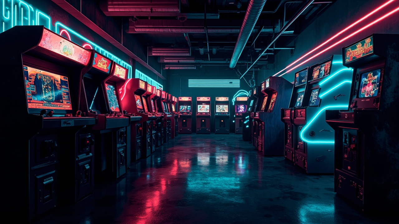 Illustration of a neon-lit retro arcade interior
