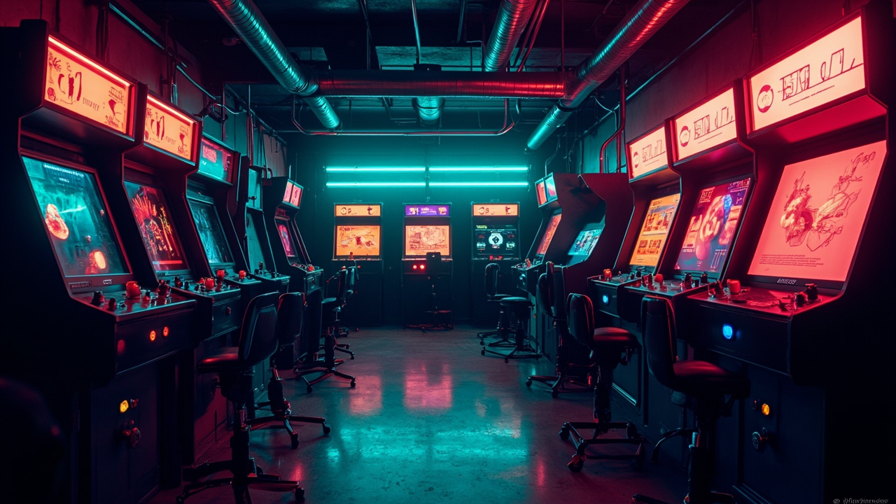 Illustration of a neon-lit retro arcade interior