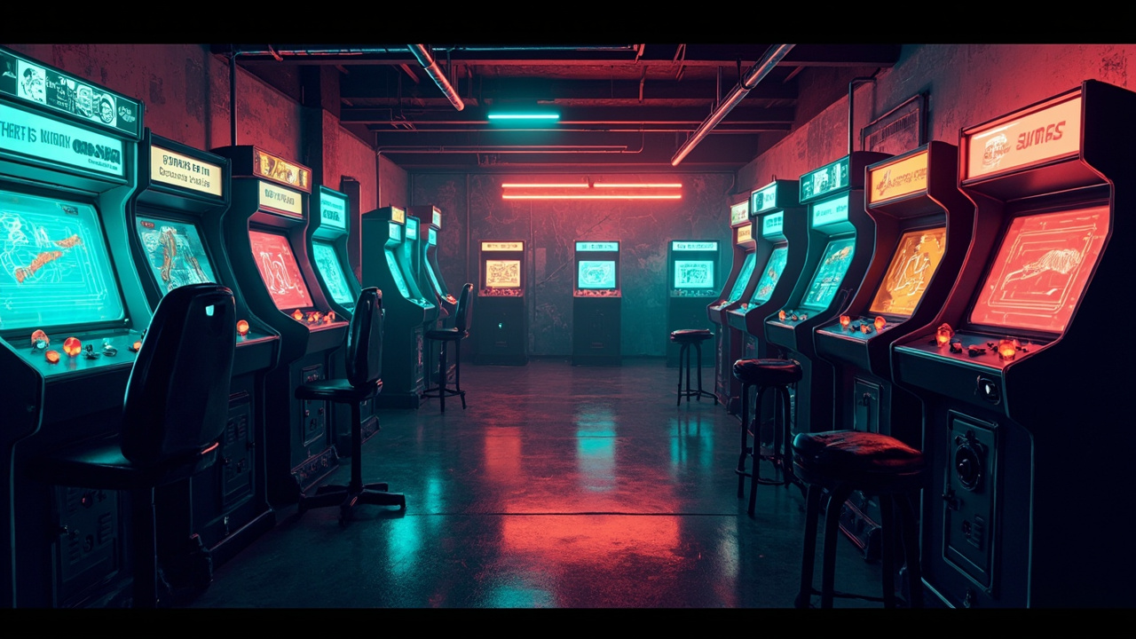 Illustration of a neon-lit retro arcade interior