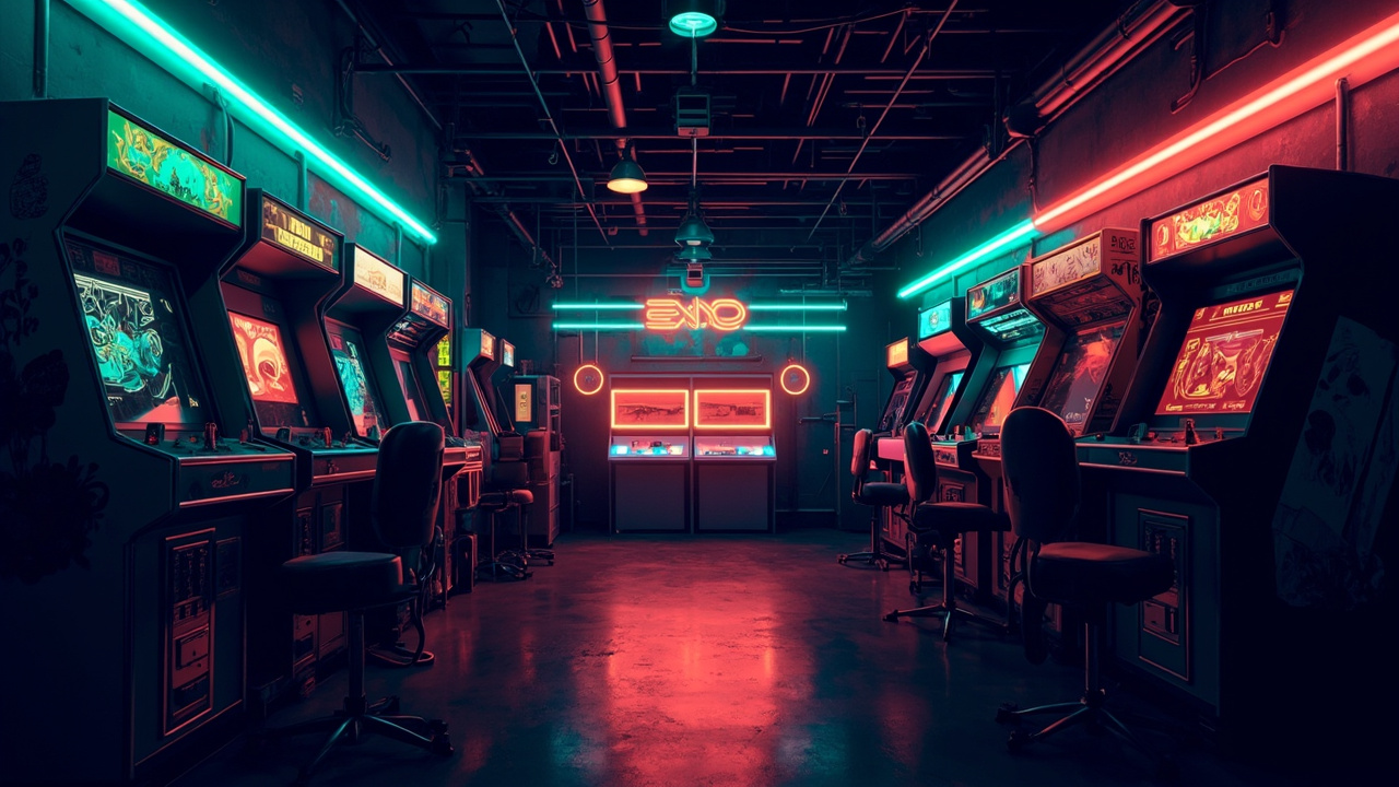 Illustration of a neon-lit retro arcade interior