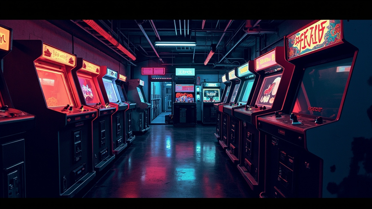 Illustration of a neon-lit retro arcade interior