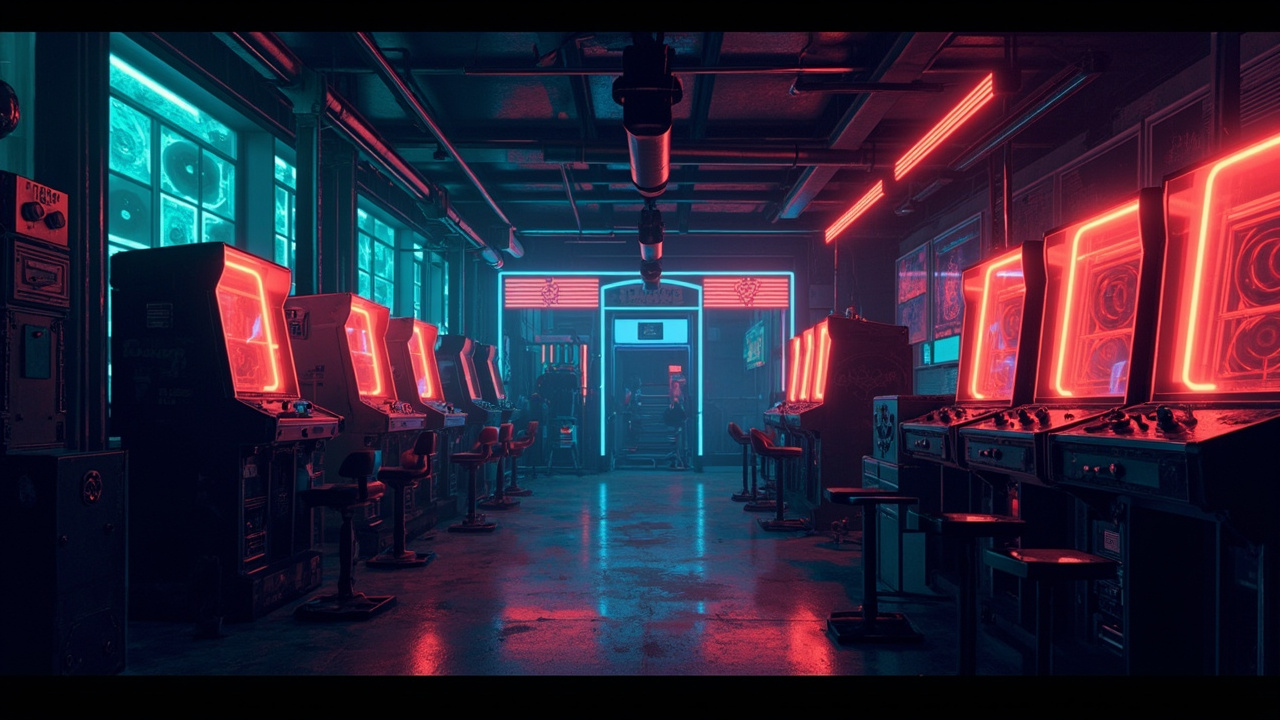 Illustration of a neon-lit retro arcade interior