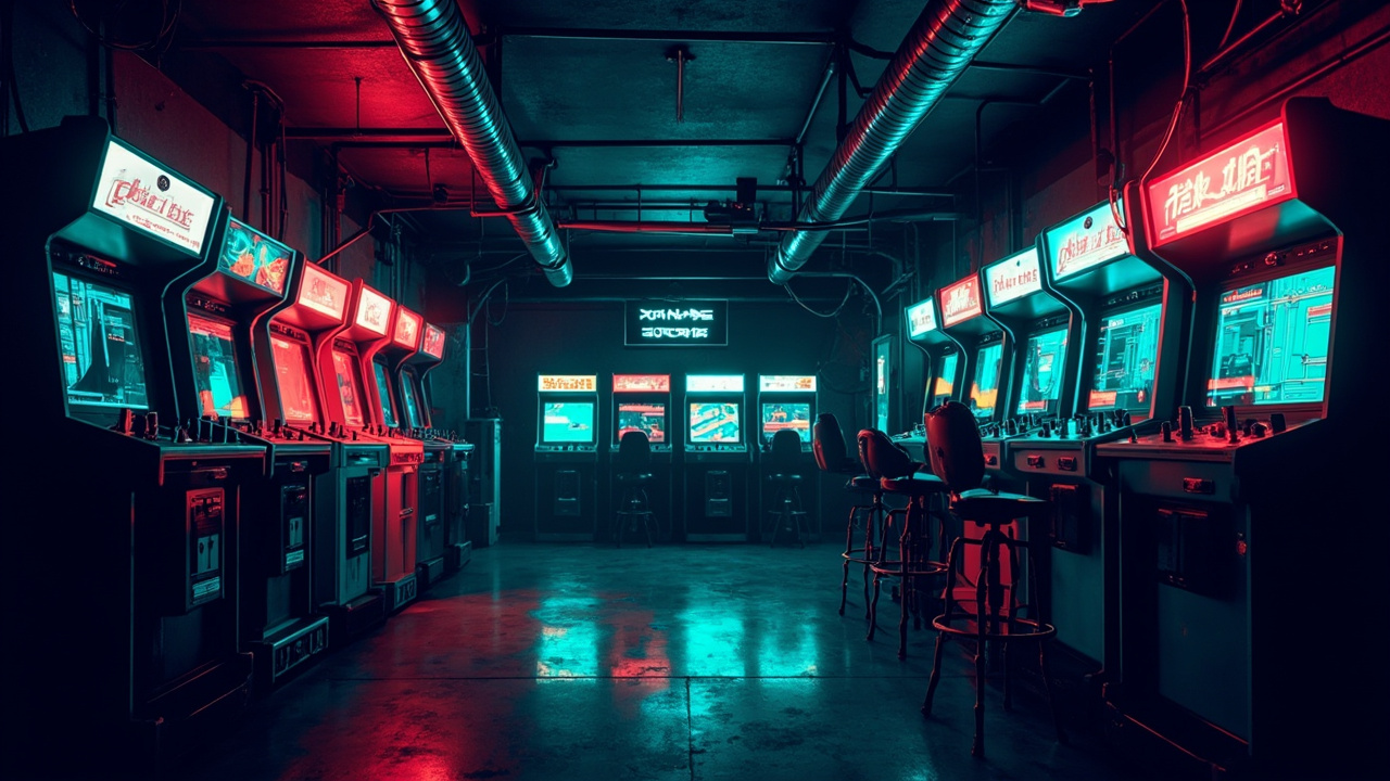 Illustration of a neon-lit retro arcade interior