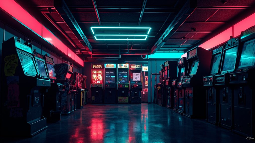 Illustration of a neon-lit retro arcade interior