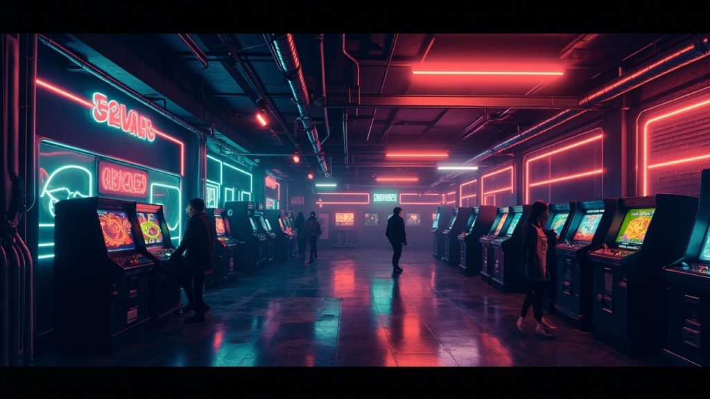 Illustration of a neon-lit retro arcade interior