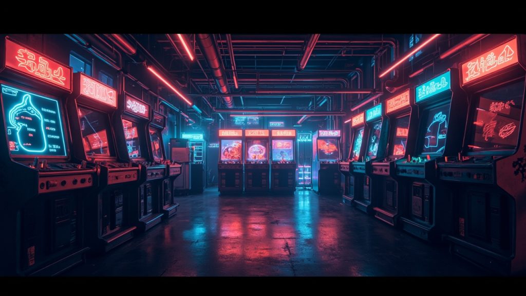 Illustration of a neon-lit retro arcade interior