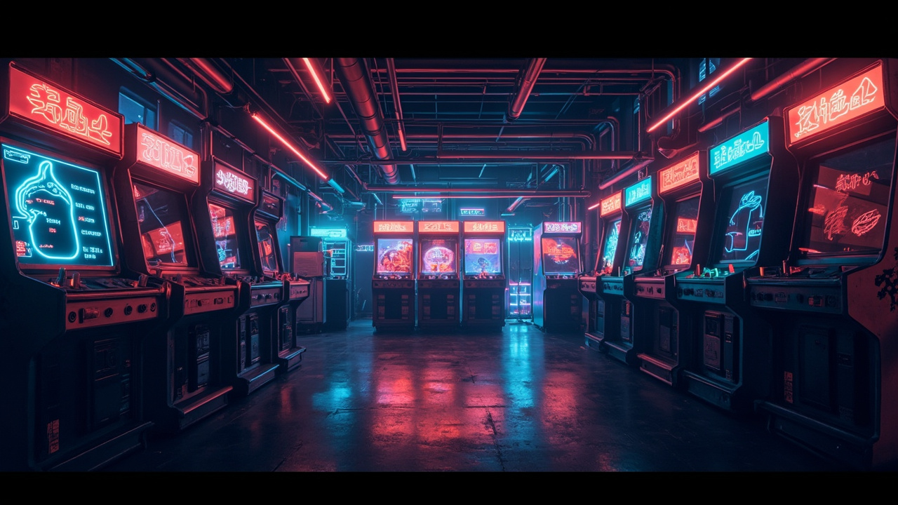 Illustration of a neon-lit retro arcade interior