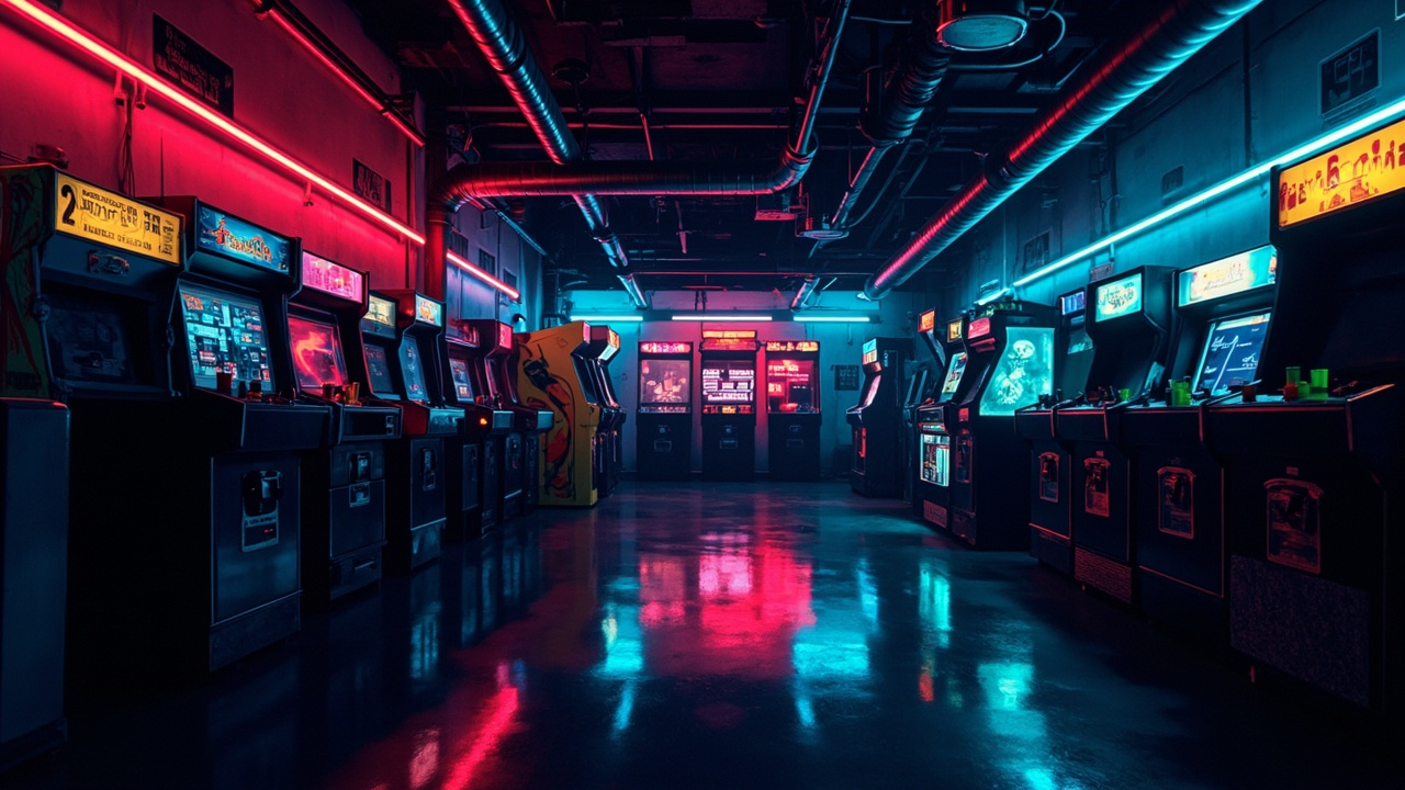 Illustration of a neon-lit retro arcade interior