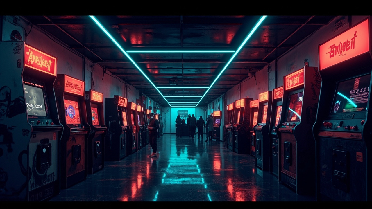 Illustration of a neon-lit retro arcade interior