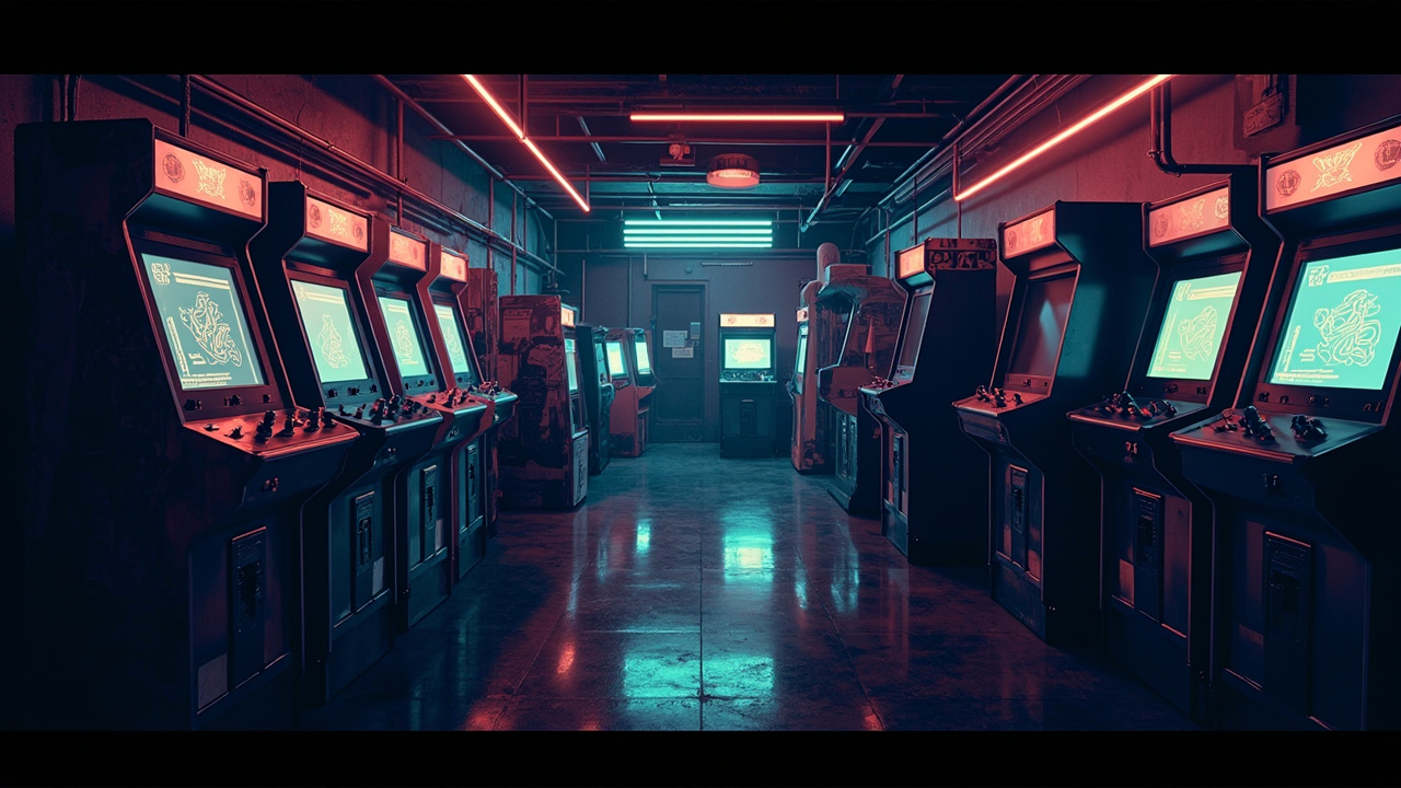Illustration of a neon-lit retro arcade interior