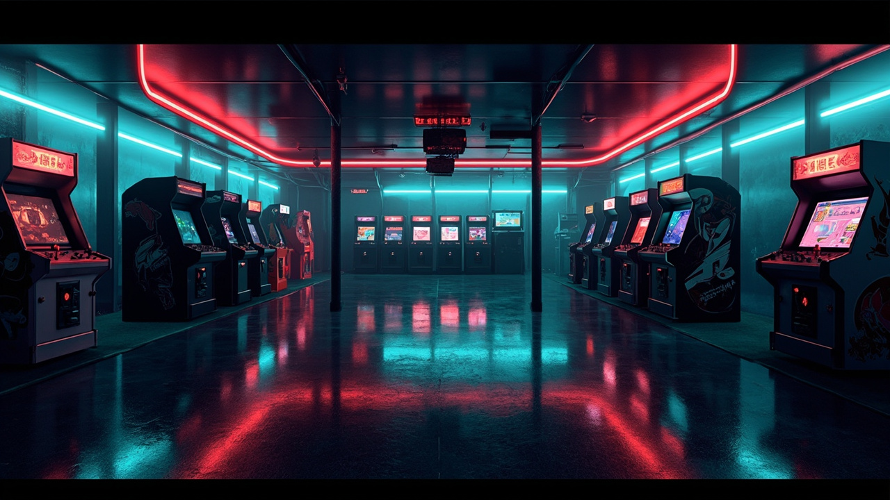 Illustration of a neon-lit retro arcade interior
