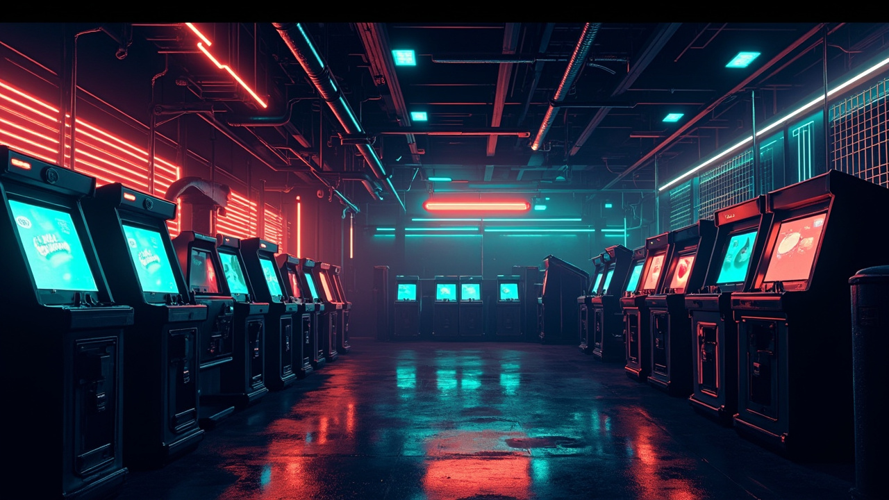 Illustration of a neon-lit retro arcade interior