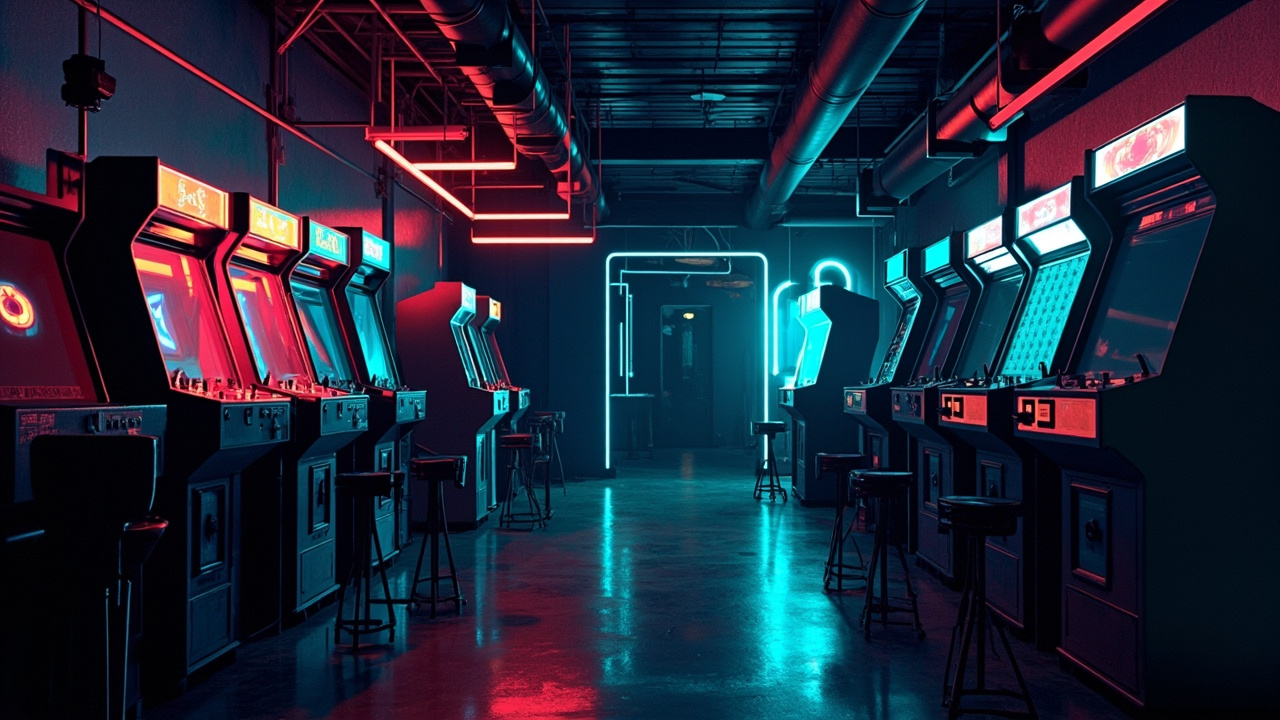 Illustration of a neon-lit retro arcade interior