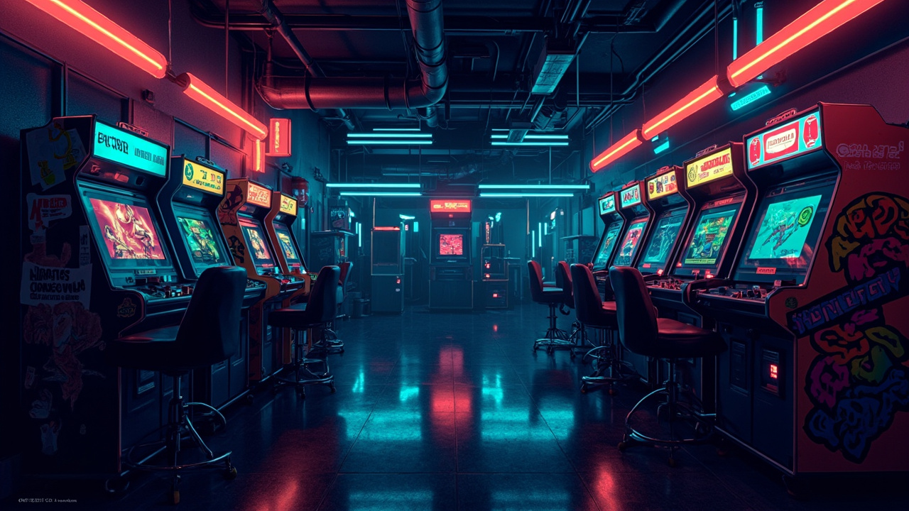 Illustration of a neon-lit retro arcade interior