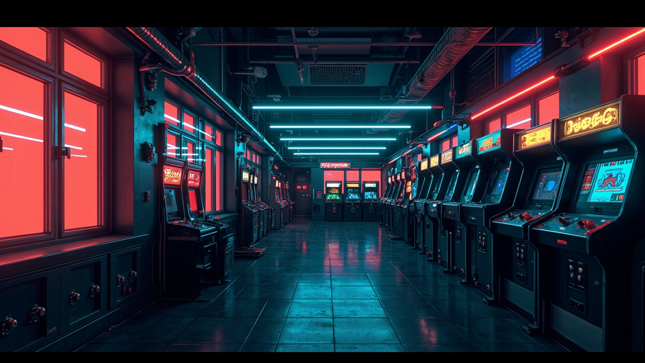 Illustration of a neon-lit retro arcade interior