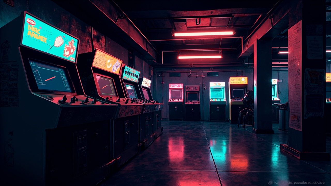 Illustration of a neon-lit retro arcade interior