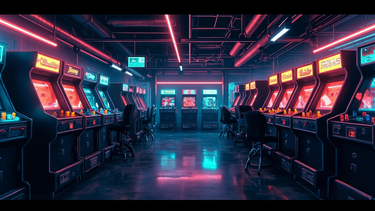 Illustration of a neon-lit retro arcade interior