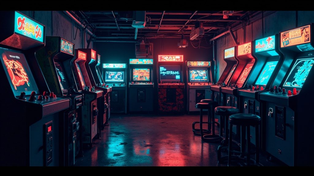 Illustration of a neon-lit retro arcade interior