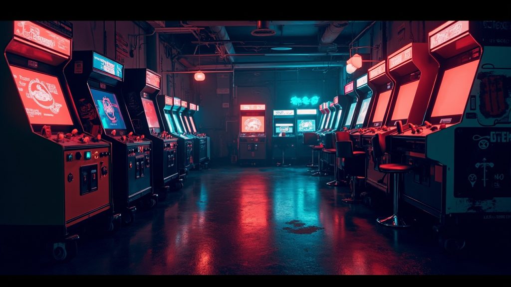 Illustration of a neon-lit retro arcade interior