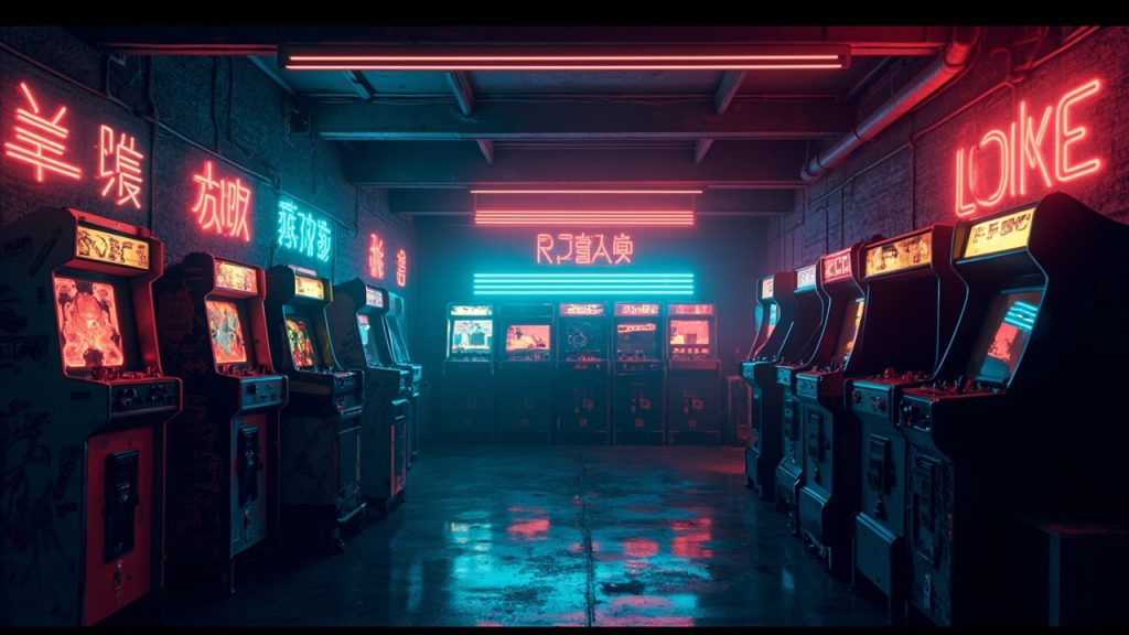 Illustration of a neon-lit retro arcade interior