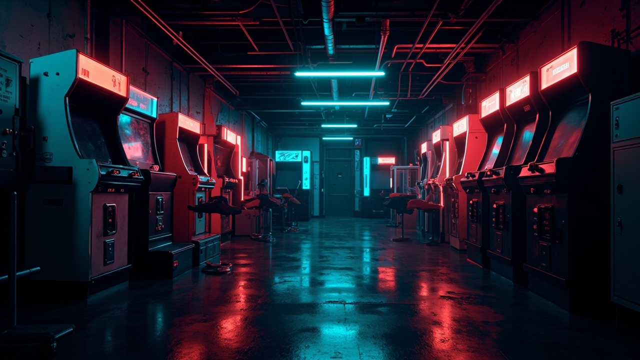 Illustration of a neon-lit retro arcade interior