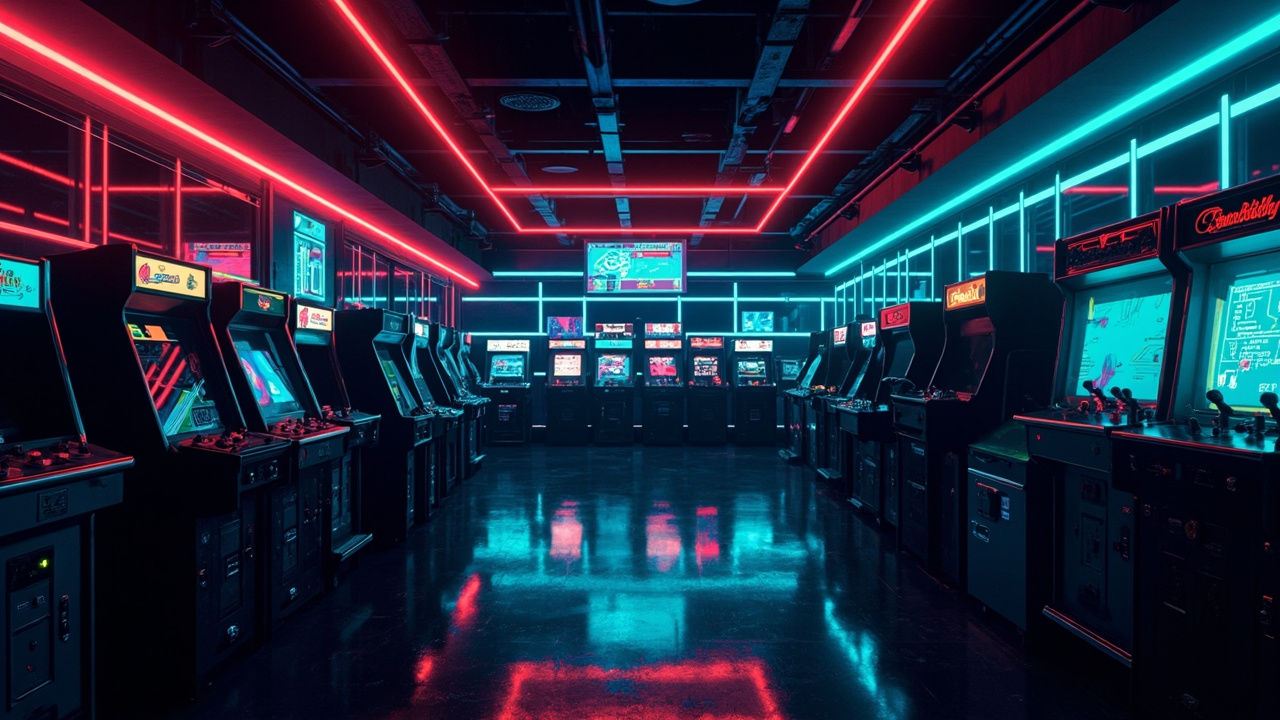 Illustration of a neon-lit retro arcade interior