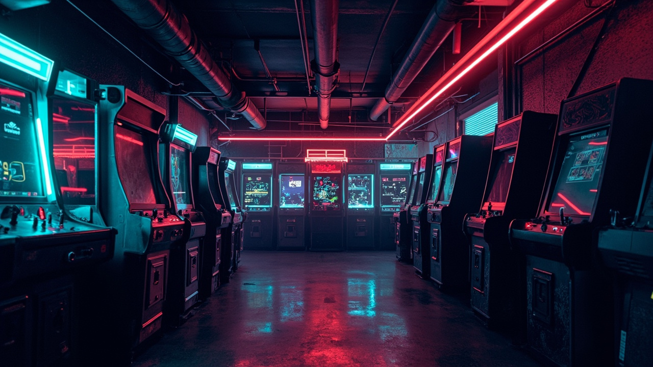 Illustration of a neon-lit retro arcade interior