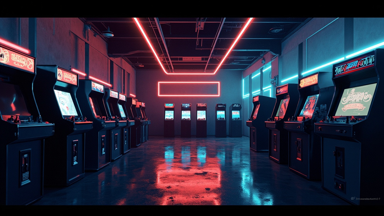 Illustration of a neon-lit retro arcade interior