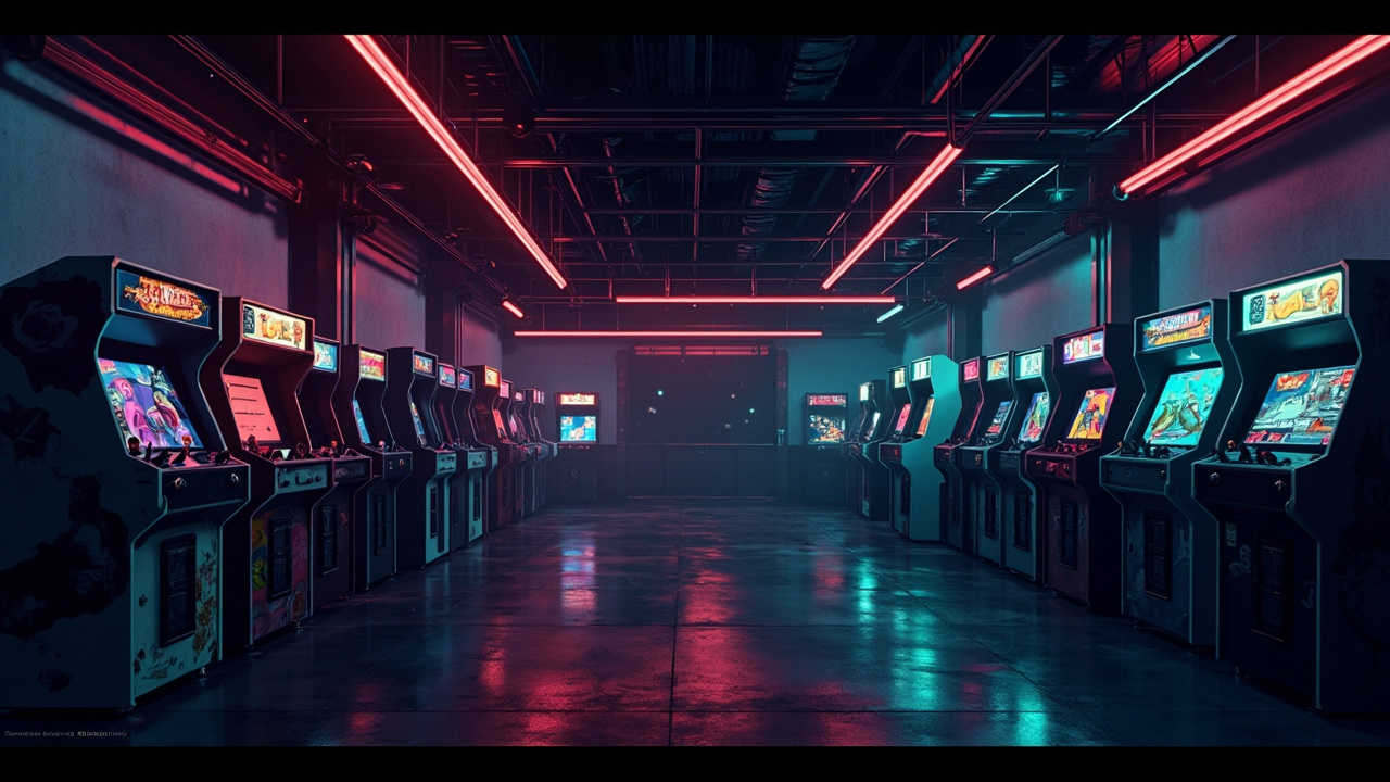 Illustration of a neon-lit retro arcade interior
