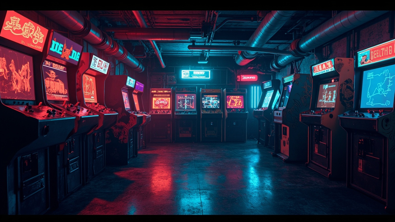 Illustration of a neon-lit retro arcade interior
