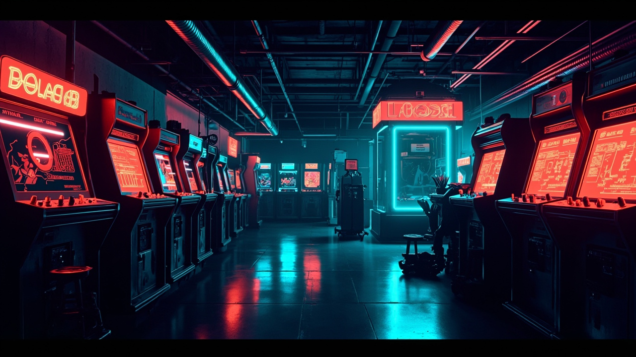 Illustration of a neon-lit retro arcade interior